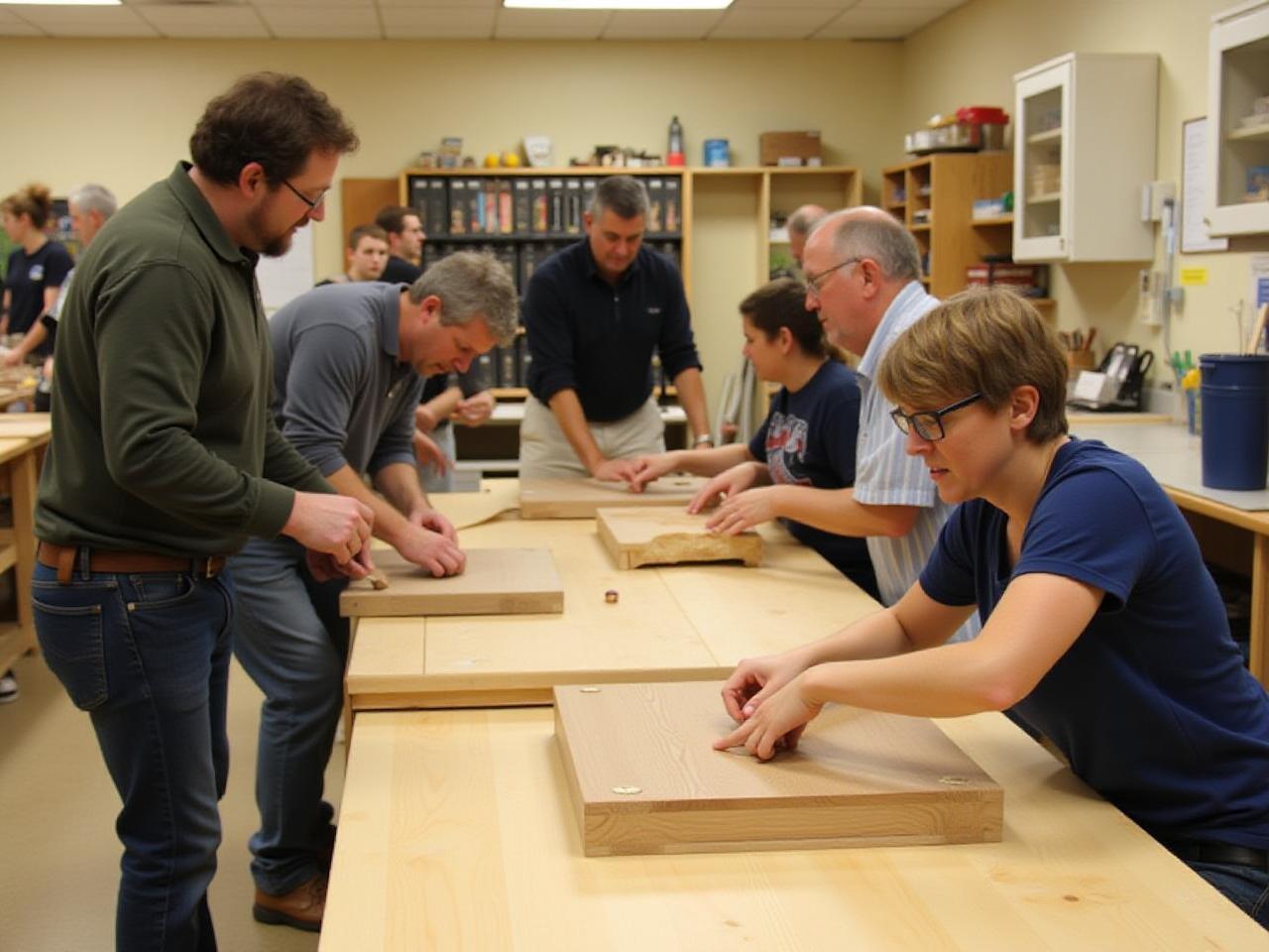 Group of people participating in a woodworking workshop